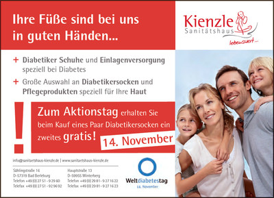 Welt-Diabetestag: Zum Aktionstag am 14. November erhalten Sie beim Kauf eines Paares Diabetikersocken ein zweites gratis!
