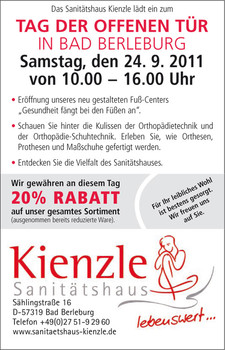 Das Sanitätshaus Kienzle lädt ein zum 'TAG DER OFFENEN TÜR' in Bad Berleburg (Samstag, den 24.09.2011 von 10.00 - 16.00 Uhr)