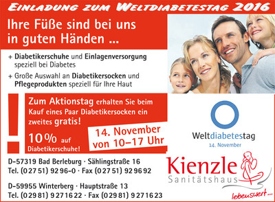 Welt-Diabetestag: Zum Aktionstag am 14. November erhalten Sie beim Kauf eines Paares Diabetikersocken ein zweites gratis! 10 % auf Diabetikerschuhe!