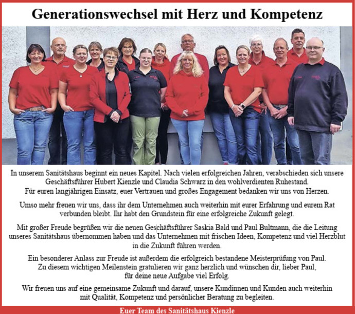 Sanitätshaus Kienzle: Generationswechsel mit Herz und Kompetenzen