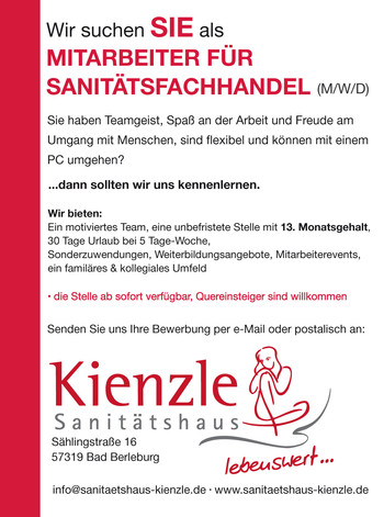 Arbeitsplatz | Job | Stellenangebot | freie Arbeitsstelle im Sanitätshaus Kienzle (Bad Berleburg): Mitarbeiter für den Sanitätsfachhandel (m/w/d).
