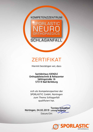 Zertifikat SPORLASTIC NEURO-Kompetenzzentrum (Schlaganfall) ::: Sanitätshaus Kienzle