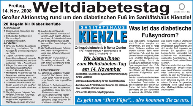 Welt-Diabetes-Tag - Großer Aktionstag rund um den diabetischen Fuß im Sanitätshaus KIENZLE (Freitag, 14. November 2008)