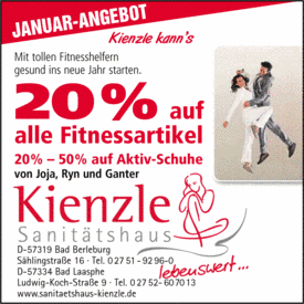 Sanitätshaus Kienzle - Angebot Januar 2013: 20% auf alle Fitnessartikel und 20% - 50% auf Aktiv-Schuhe von Joja, Ryn und Ganter.