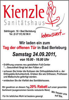 Das Sanitätshaus Kienzle lädt ein zum 'TAG DER OFFENEN TÜR' in Bad Berleburg (Samstag, den 24.09.2011 von 10.00 - 16.00 Uhr)