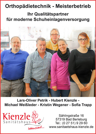 Sanitätshaus Kienzle - Orthopädietechnik-Meisterbetrieb. Ihr Qualitätspartner für moderne Schuheinlagenversorgung. Lars-Oliver Petrik, Hubert Kienzle, Michael Weißleder, Kristin Wegener und Sofia Trapp.