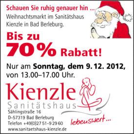 Weihnachtsmarkt im Sanitätshaus Kienzle in Bad Berleburg (Sonntag, 9.12.2012, 13.00 - 17.00 Uhr)