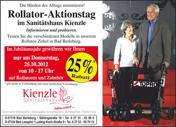 Rollator-Aktionstag im Sanitätshaus Kienzle. Testen Sie die verschiedenen Modelle in unserem Rollator-Zirkel in Bad Berleburg (Donnerstag, 25.10.2012, von 10 - 17 Uhr).