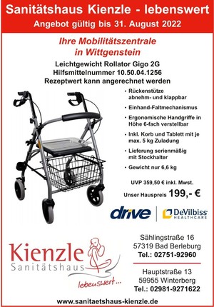 Sanitätshaus Kienzle - Ihre Mobilitätszentrale in Wittgenstein: Leichtgewicht Rollator Gigo 2G