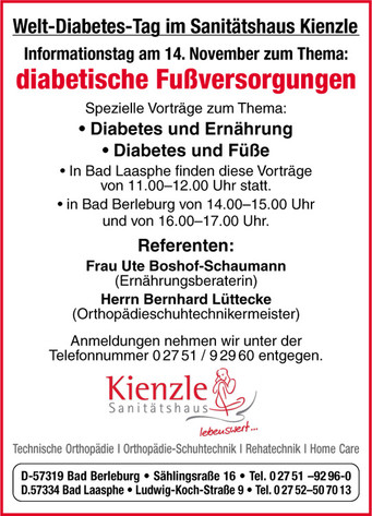 Welt-Diabetestag 2012 mit speziellen Vorträgen zum Thema 'Diabetische Fußversorgungen'. 'Diabetes und Ernährung' (Ute Boshof-Schaumann) und 'Diabetes und Füße' (Bernhard Lüttecke) am 14. November 2012 im Sanitätshaus KIENZLE (Bad Berleburg + Bad Laasphe).