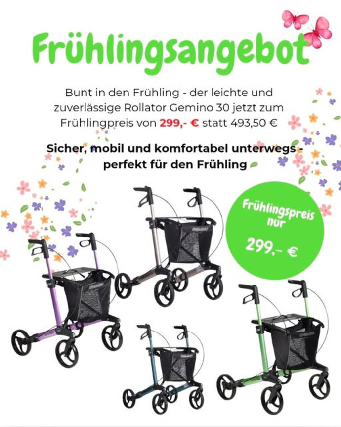 Frühlingsangebot in Ihrem Sanitätshaus KIENZLE: der leichte und zuverlässige Rollator GEMINO 30 jetzt zum Frühlingspreis von 299,- € statt 493,50 €.