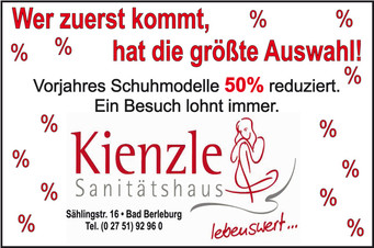 Rabattaktion im Sanitätshaus Kienzle in Bad Berleburg - Vorjahres-Schuhmodelle 50 % reduziert.